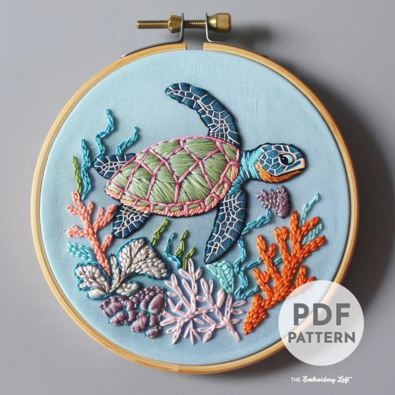 Motifs de couture d’été Tortue de mer - faune de l’océan broderie à la main Motif PDF Par The Embroidery Loft Co